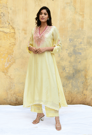 Niti Bothra-Yellow Mystic Knot Ombre Kurta And Pants-INDIASPOPUP.COM