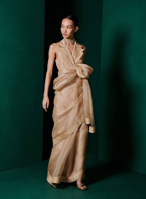 Ekaya-Latte Beige Organza Sari And Unstitched Blouse-INDIASPOPUP.COM