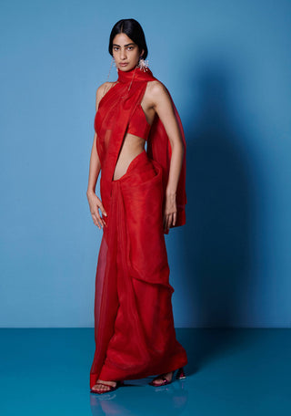 Ekaya-Ruby Red Organza Sari And Unstitched Blouse-INDIASPOPUP.COM