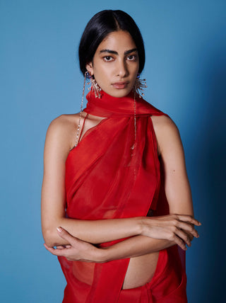 Ekaya-Ruby Red Organza Sari And Unstitched Blouse-INDIASPOPUP.COM