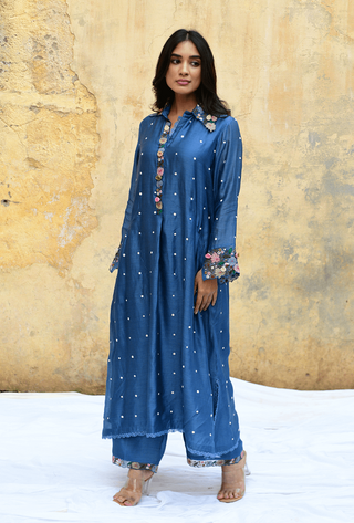 Niti Bothra-Blue Orchid Collar Kurta And Pants-INDIASPOPUP.COM