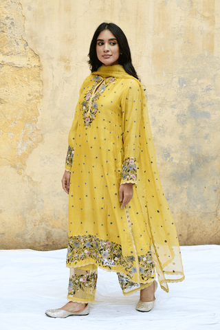 Niti Bothra-Yellow Orchid Long Kurta Set-INDIASPOPUP.COM