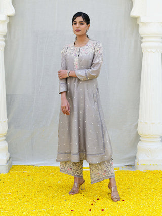 Niti Bothra-Gray Long Kurta And Pants-INDIASPOPUP.COM