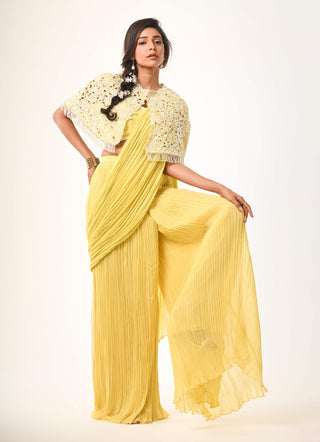 Yellow bustier, cape and drape gathered sari