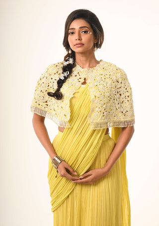 Yellow bustier, cape and drape gathered sari