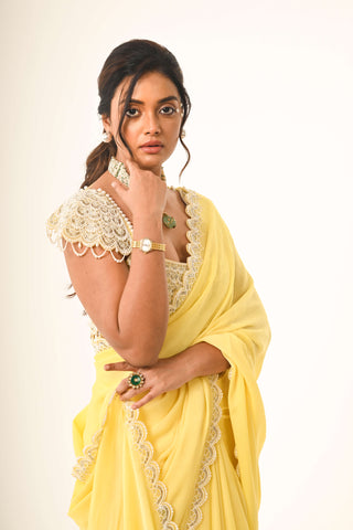 Yellow flowing chiffon sari and blouse