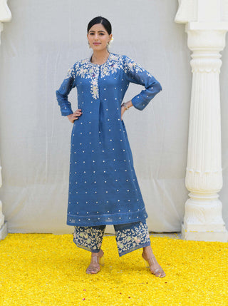 Niti Bothra-Jean Blue Long Kurta And Pants-INDIASPOPUP.COM