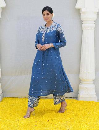 Niti Bothra-Jean Blue Long Kurta And Pants-INDIASPOPUP.COM