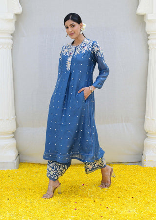 Niti Bothra-Jean Blue Long Kurta And Pants-INDIASPOPUP.COM