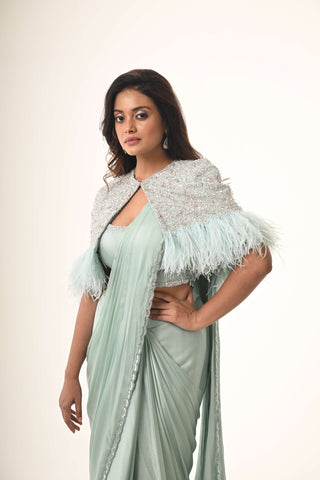 Powder blue ruffle sari and cape set