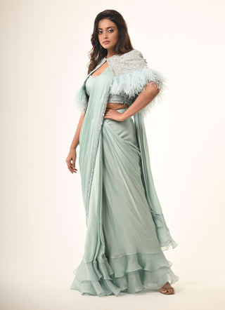 Powder blue ruffle sari and cape set