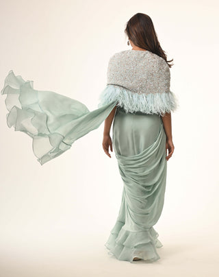Powder blue ruffle sari and cape set