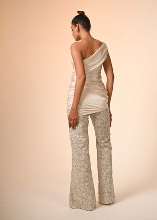 Ivory asymmetric pleated top and cutwork pants