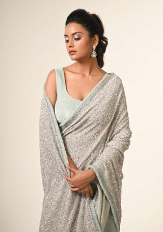 Powder blue embroidered sari and blouse