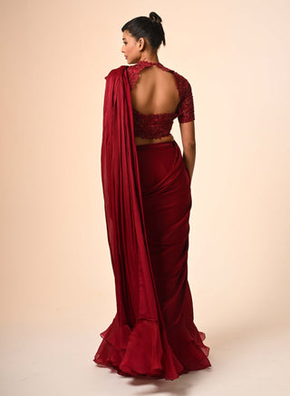 Red layered ruffle sari and blouse