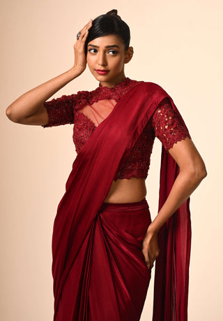Red layered ruffle sari and blouse
