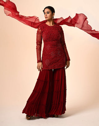 Red floral jaal  kurta and layered sharara set