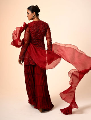 Red floral jaal  kurta and layered sharara set