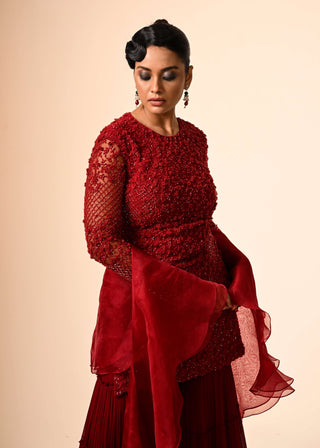 Red floral jaal  kurta and layered sharara set