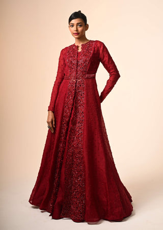 Red panelled jacket and organza skirt set