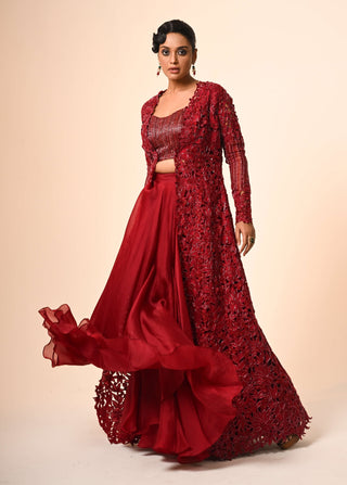 Red cutwork jacket and flared skirt set