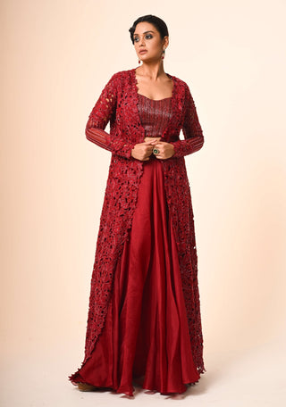 Red cutwork jacket and flared skirt set