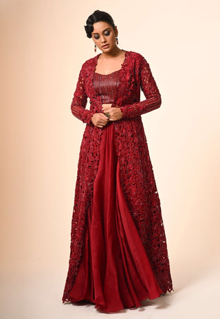 Red cutwork jacket and flared skirt set