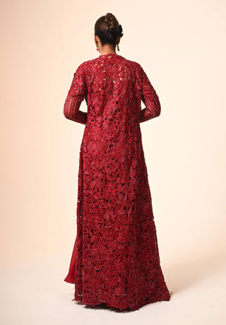 Red cutwork jacket and flared skirt set