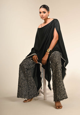 Black satin asymmetric kaftan and pants