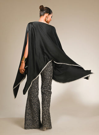 Black satin asymmetric kaftan and pants