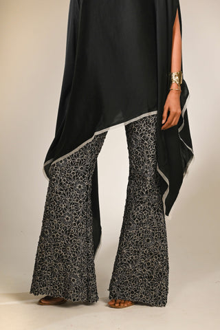 Black satin asymmetric kaftan and pants