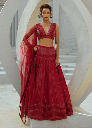 Red Alisha Lehenga Set by Chamee And Palak available on Indiaspopup