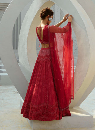 Red Alisha Lehenga Set by Chamee And Palak available on Indiaspopup