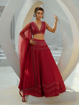 Red Alisha Lehenga Set by Chamee And Palak available on Indiaspopup