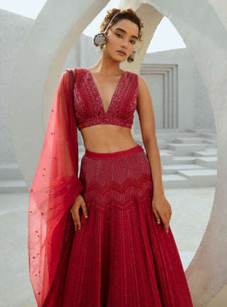 Red Alisha Lehenga Set by Chamee And Palak available on Indiaspopup