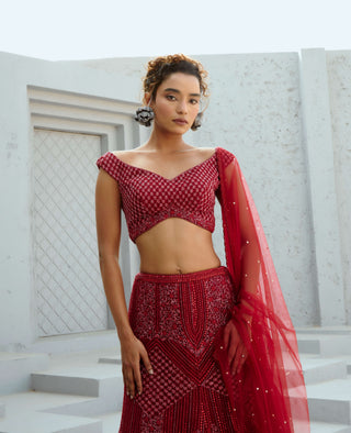 Gemini Deep Red Lehenga Set by Chamee And Palak available on Indiaspopup