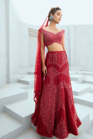 Gemini Deep Red Lehenga Set by Chamee And Palak available on Indiaspopup