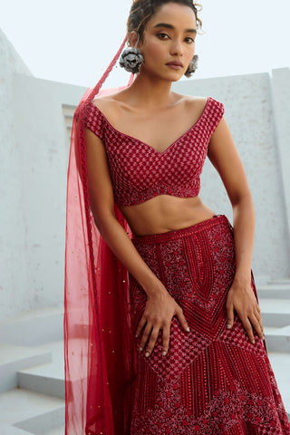 Gemini Deep Red Lehenga Set by Chamee And Palak available on Indiaspopup