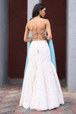 Anaisa Ivory And Powder Blue Gusset Skirt Set by Chamee And Palak, available on Indiaspopup.com