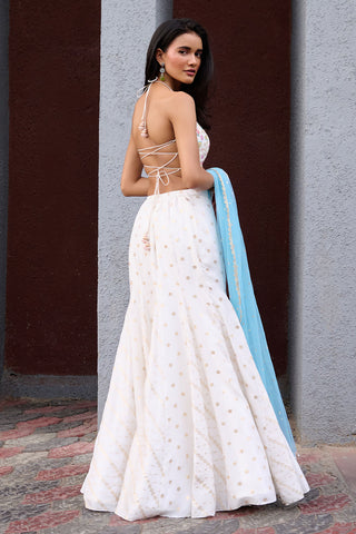 Anaisa Ivory And Powder Blue Gusset Skirt Set by Chamee And Palak, available on Indiaspopup.com