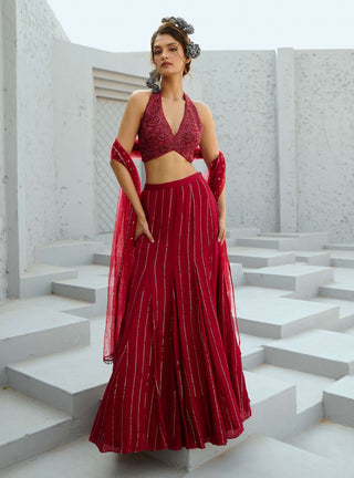 Aura Red Lehenga Set by Chamee And Palak available on Indiaspopup