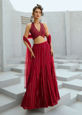 Aura Red Lehenga Set by Chamee And Palak available on Indiaspopup