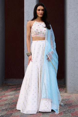 Anaisa Ivory And Powder Blue Gusset Skirt Set by Chamee And Palak, available on Indiaspopup.com