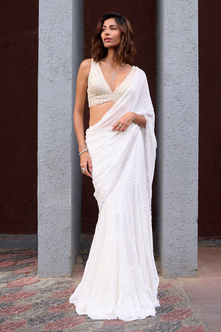 Anitya Ivory Sari And Blouse by Chamee And Palak, available on Indiaspopup.com