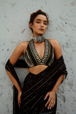 Galaxy Black Pre-Drape Sari And Blouse by Chamee And Palak available on Indiaspopup