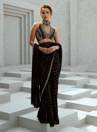 Galaxy Black Pre-Drape Sari And Blouse by Chamee And Palak available on Indiaspopup