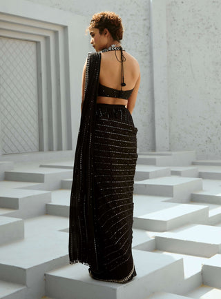 Galaxy Black Pre-Drape Sari And Blouse by Chamee And Palak available on Indiaspopup