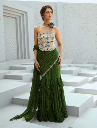 Bianca Green Corset Pre-Drape Sari And Blouse by Chamee And Palak available on Indiaspopup