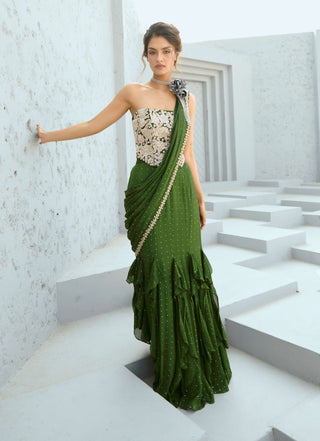 Bianca green corset pre-drape sari and blouse