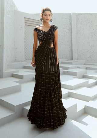 Sky Black Pre-Drape Sari And Blouse by Chamee And Palak available on Indiaspopup